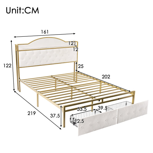 Light Beige Storage Double Bed-USB Type C Charging, Slatted Metal Frame