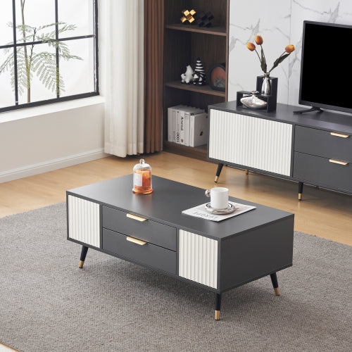 Modern Grey-White Coffee Table-2 Doors, 2 Drawers, Gold Accents, High-Quality Living Room Furniture