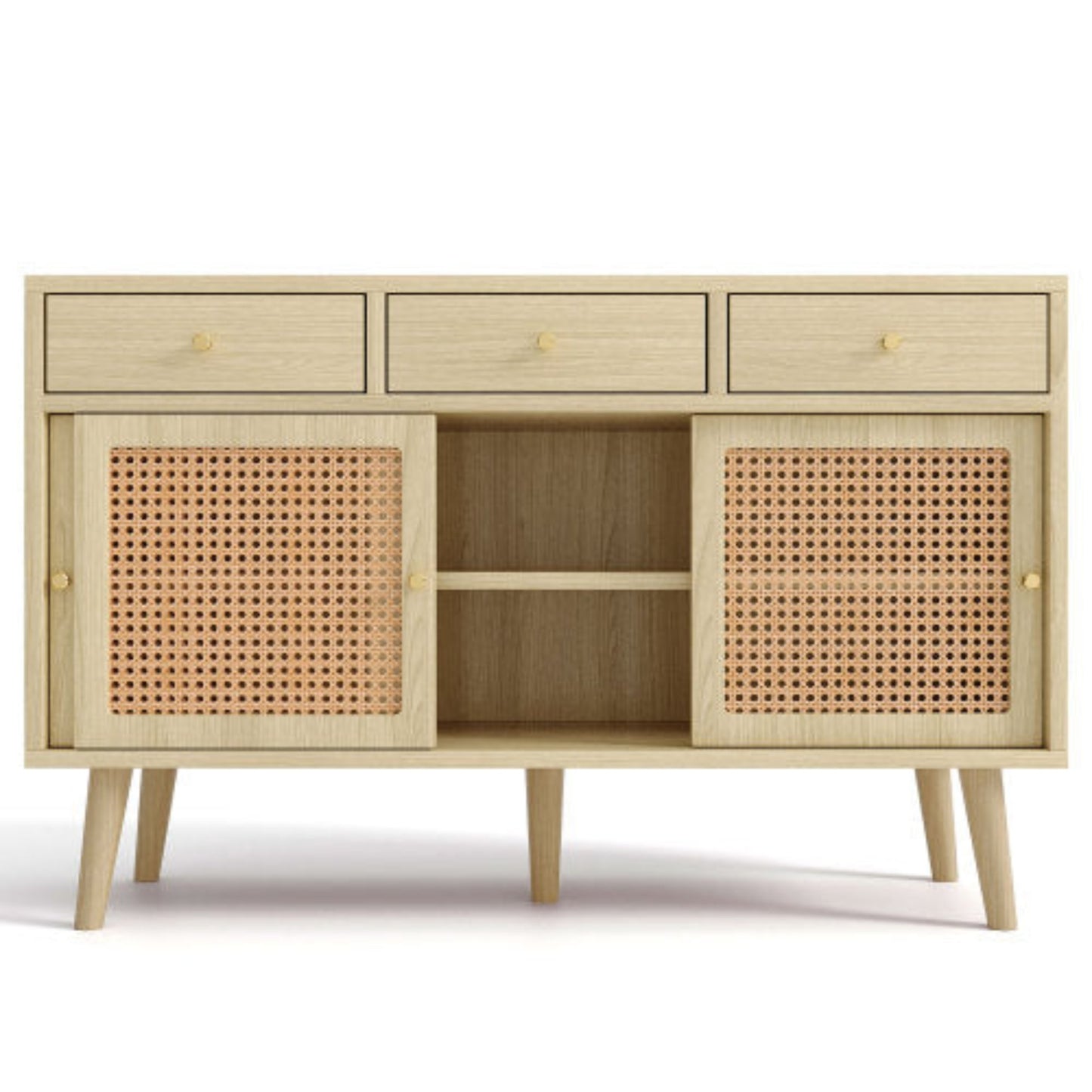 Oak sideboard with drawers and sliding rattan doors, solid wood legs, gold metal handles, adjustable shelves