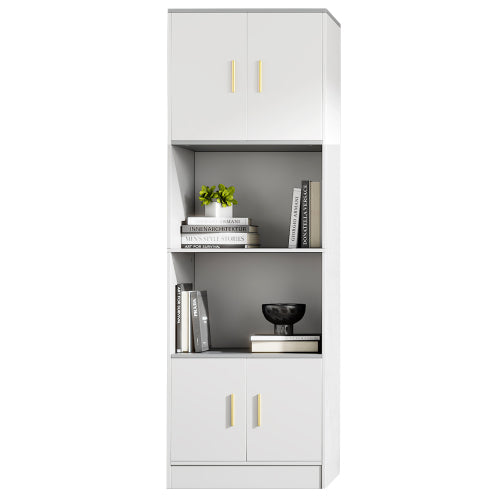 Elegant White Display Cabinet- 4-Door with Center Open Compartment, Quiet Hinges - Ideal for Kitchen or Living Room