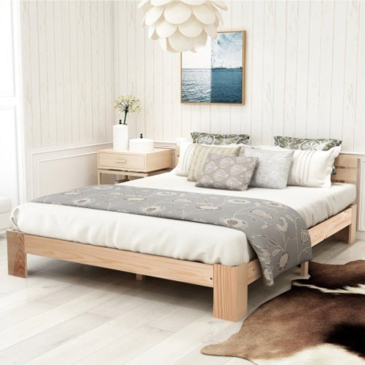 140cm Solid Pine Double Bed,Slatted Frame, Headboard, Grey-Beige Upholstery