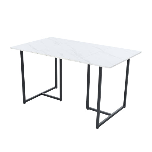 (p)Elegant Dining Table-White Marble Pattern, L-Shaped Metal Legs, Adjustable Feet, Black Accents