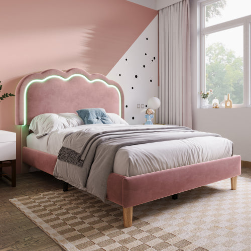 Pink Velvet Single Bed with LED, Adjustable Headboard, Slatted Frame, YouthGuest Room Bed Frame