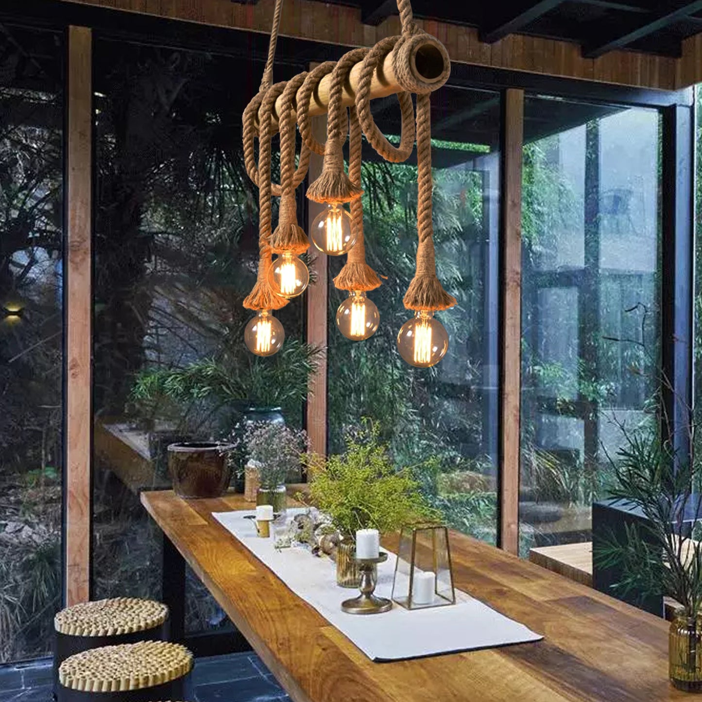 (M)Bamboo Pendant Light Rope Hemp 6-Light Bamboo Chandeliers Fixture for Kitchen Island