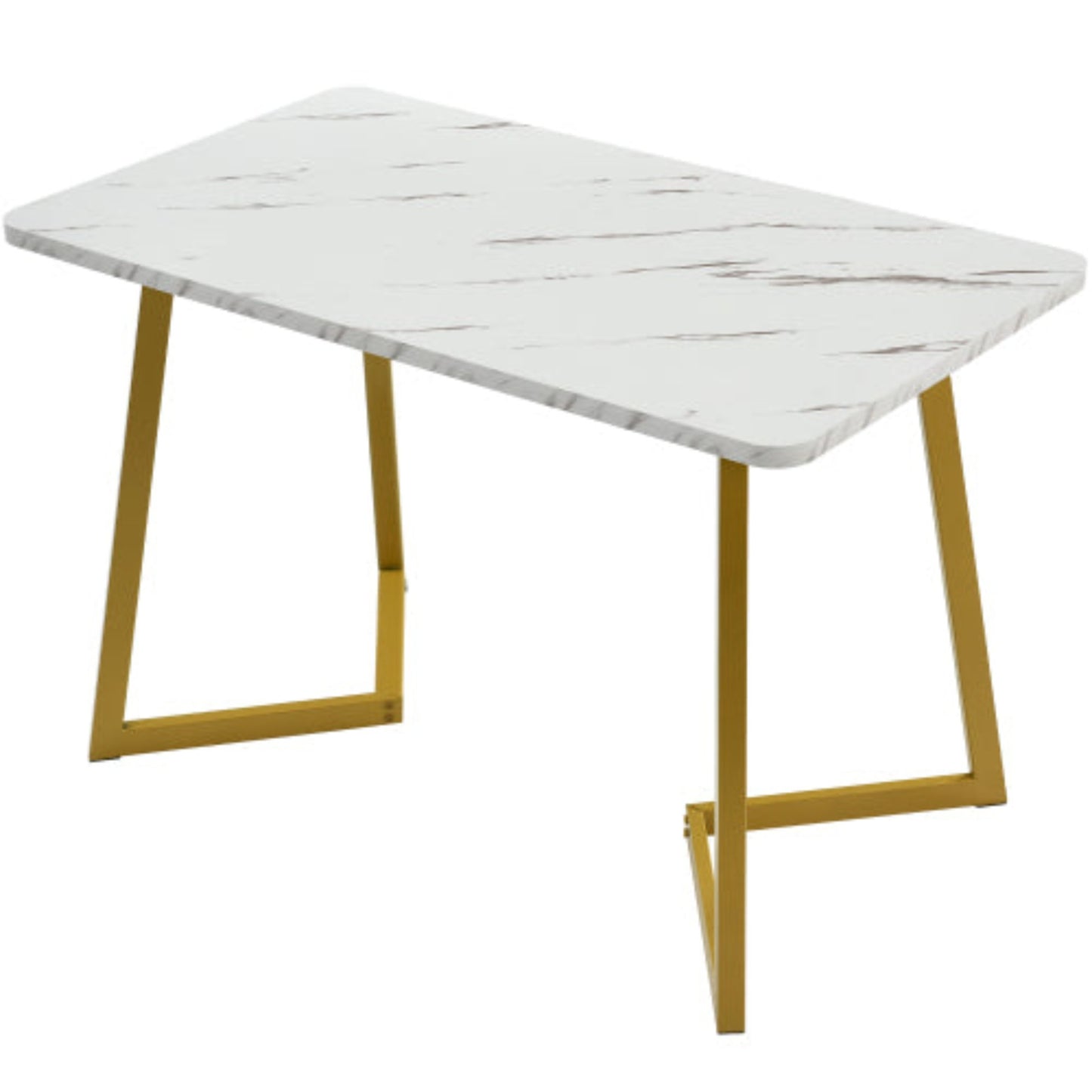 (p)Modern Marble-Pattern Dining Table-White with Golden Accents, Metal Frame, Perfect for Dining Living Rooms