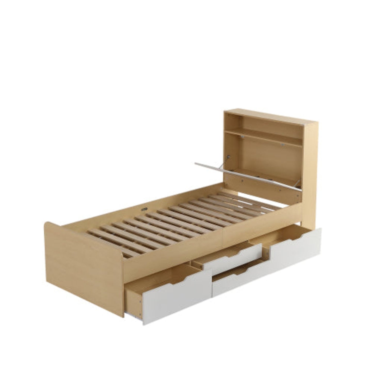 Youth Panel Bed with Flap Shelf Headboard, 4 Drawers, and Shock Protection - White Light Oak