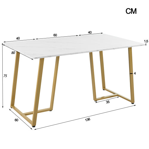 Modern Marble-Pattern Dining Table-Metal Frame, Adjustable Feet, White Golden for Dining Living Rooms