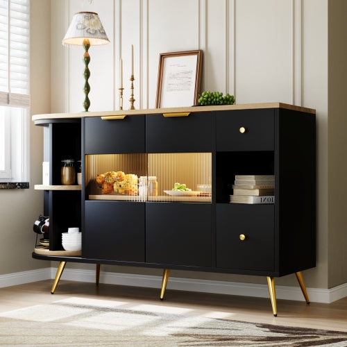 Modern Sliding Glass Door Sideboard-LED-lit, Black Wooden, Adjustable Feet