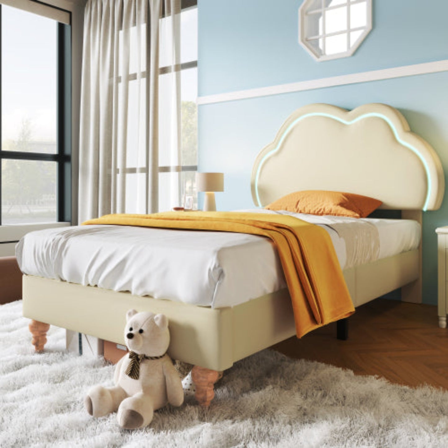 Cream LED Single Bed, Upholstered Frame, Adjustable Cloud Headboard, Kids Bedroom-Guest Room