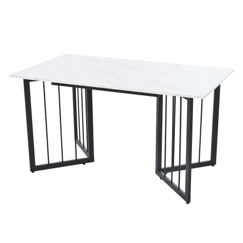 (p) Modern Marble Table-Sleek White, V-Shaped Metal Legs, Adjustable Feet, Black Accents