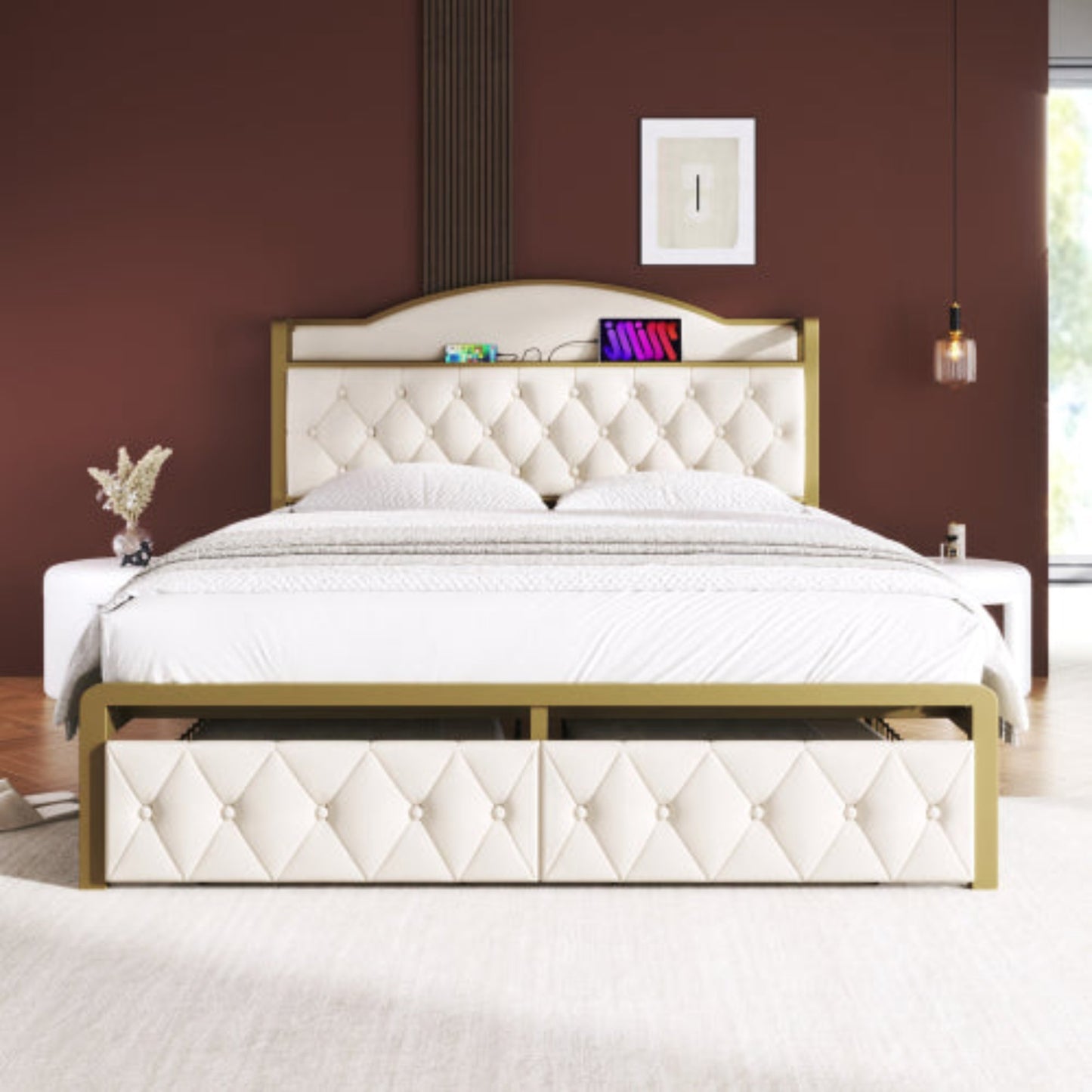 Light Beige Upholstered Double Bed-USB Type C Charging, Storage Drawers, Slatted Metal Frame