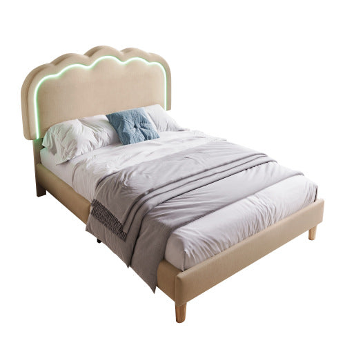 Beige Upholstered Single Bed with LED, Adjustable Headboard, Slatted Frame, YouthGuest Room Bed, Linen Material