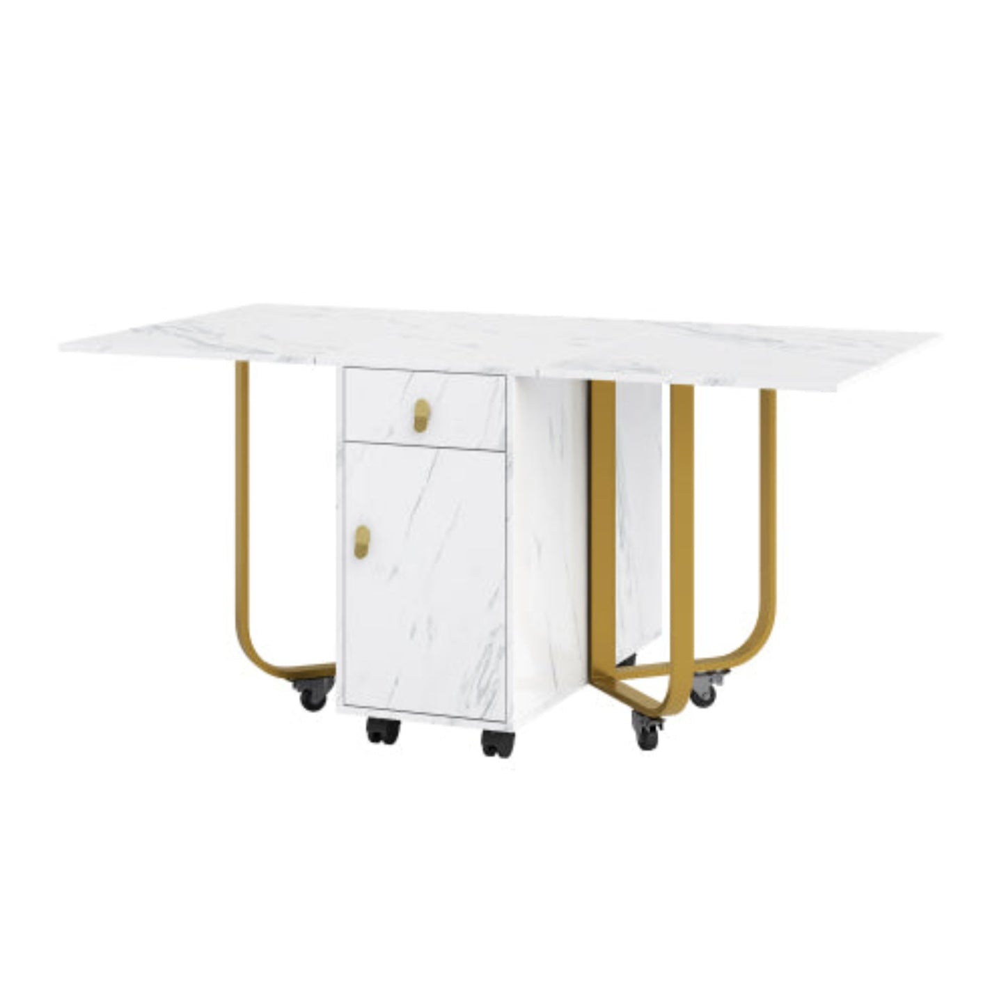 White-Gold Folding Dining Table-Cupboard, 2 Drawers, Space-Saving, 4 Legs