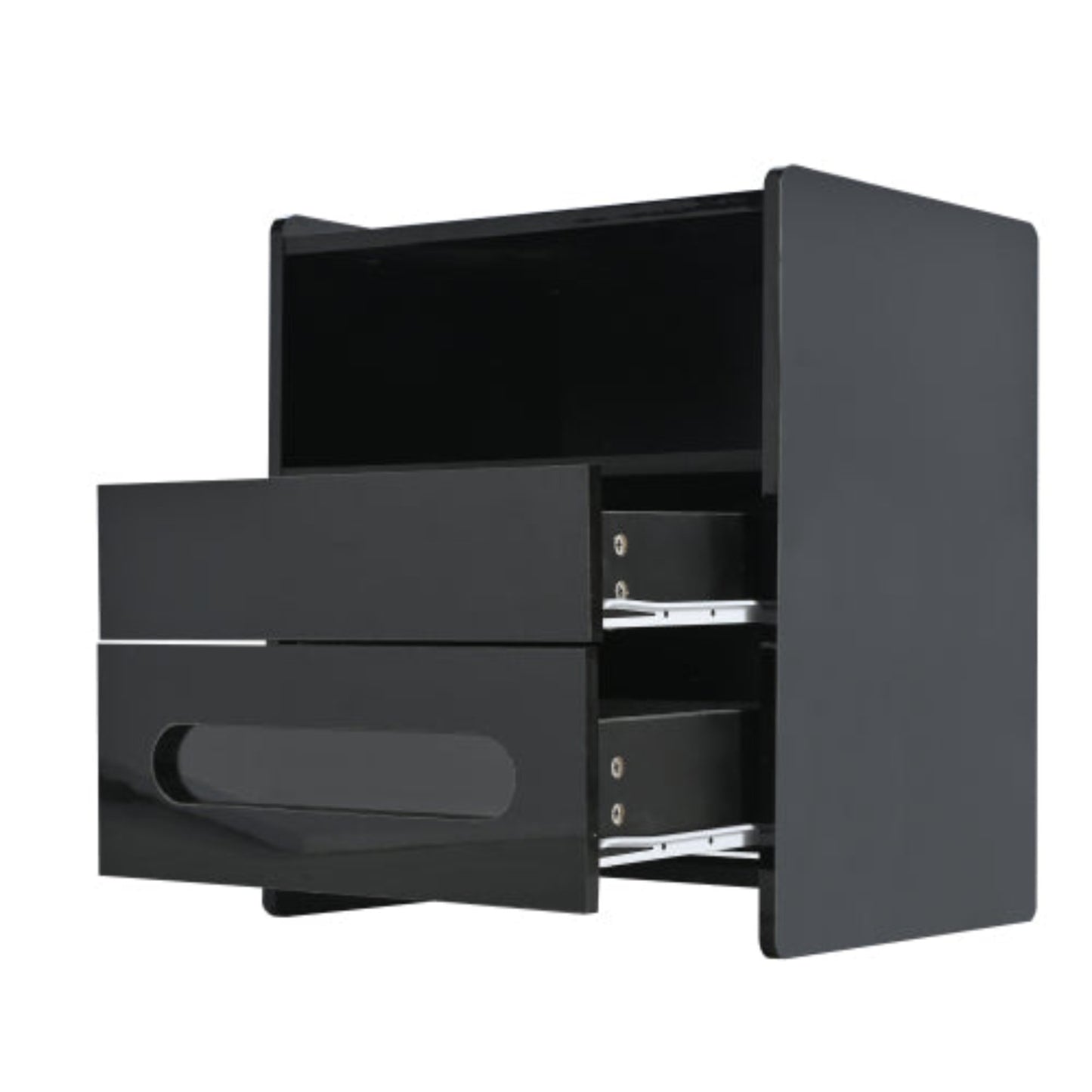 High Gloss LED Bedside Tables-Modern 2-Drawer Nightstands with LED Lighting, BlackSet of 2