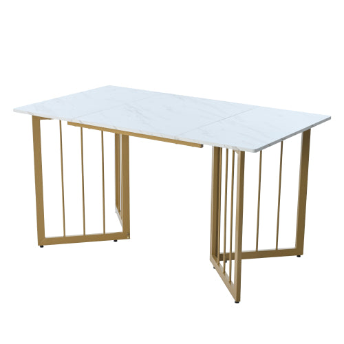 (p) Luxe Dining Table-White Marble Pattern, V-Shaped Metal Legs, Adjustable Feet, Golden Highlights