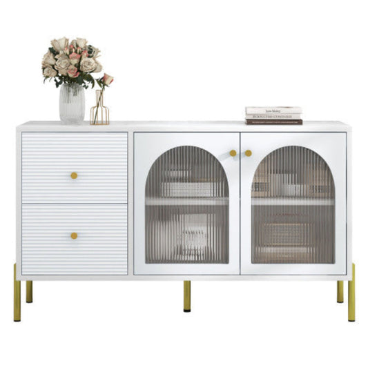 120cm White Gold Sideboard,Marble Top, Adjustable Shelves, 2 Doors, 2 Drawers, Glass Cabinet