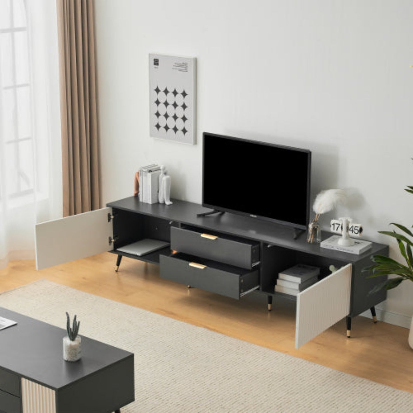 Elegant Grey-White TV Cabinet- 2 Drawers, 2 Doors, Cable Management, Modern Design