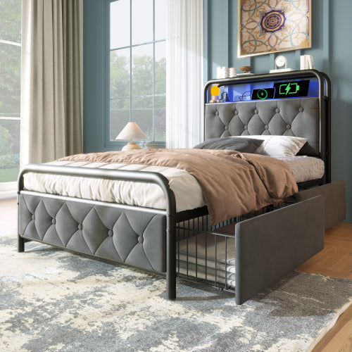 Luxury Velvet Single Bed-USB Type C Charging, APP-Controlled LED, Metal Frame, 2 Drawers