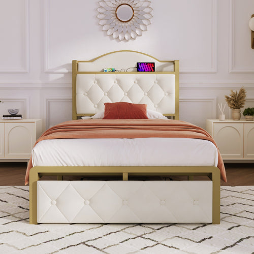 Light Beige Single Bed-USB Type C, Storage Drawers, Slatted Metal Frame -Mattress Not Included