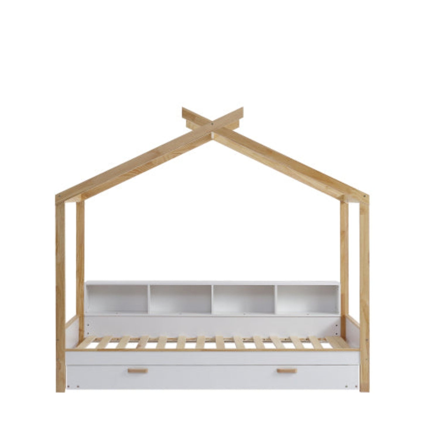 White Natural Children's House Bed with Storage, Trundle - Pine Frame