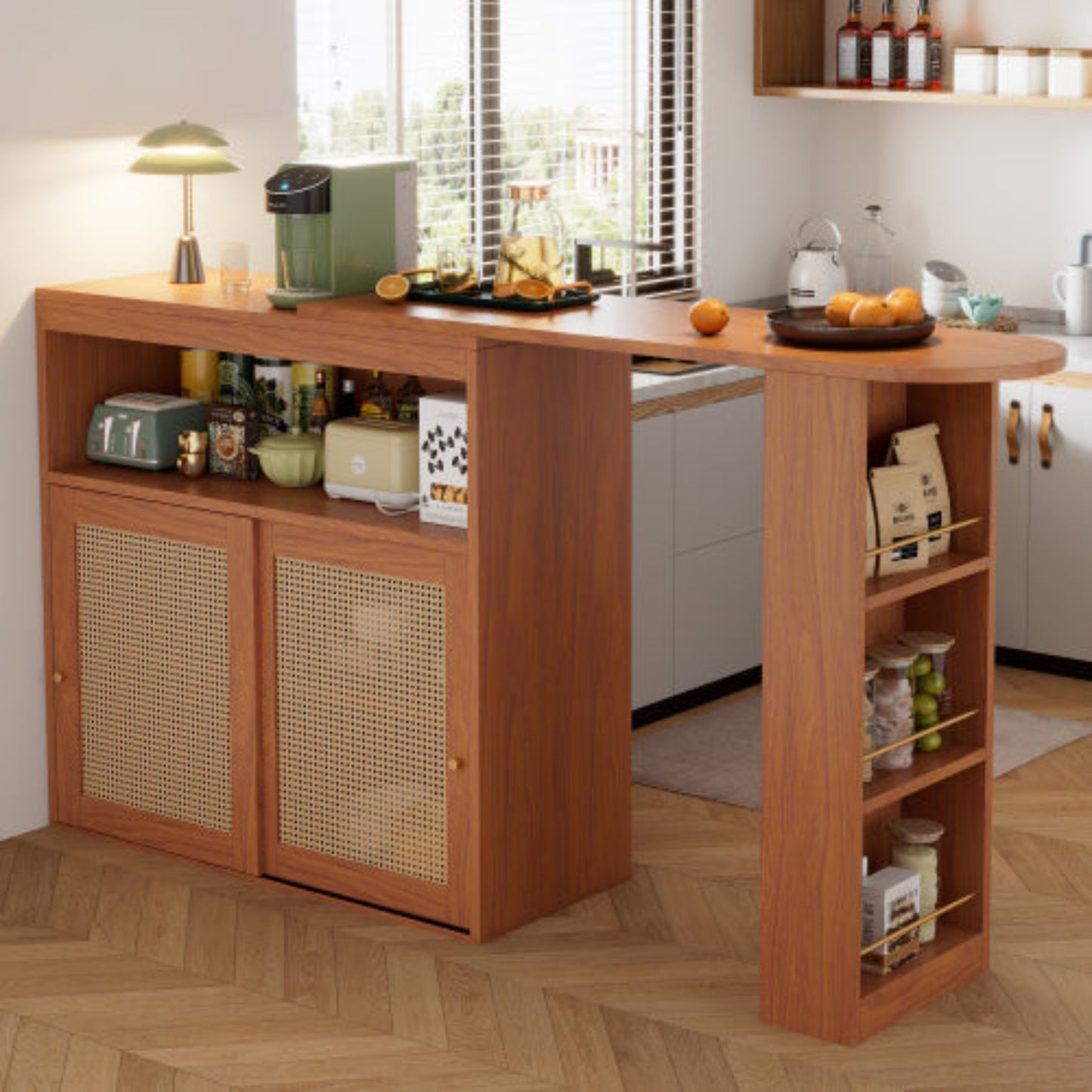 Rattan-Front Extendable Bar Table-Storage, Adjustable Shelves, Multi-Use 193x39x104cm