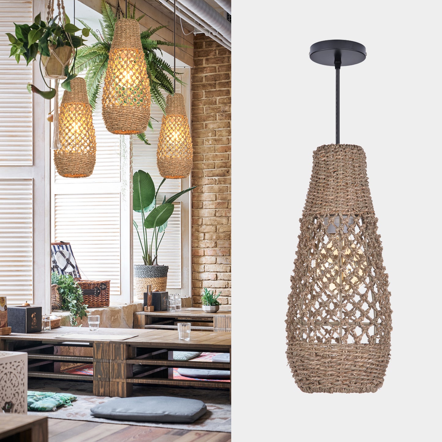 (Z)ARTURESTHOME Handmade Rattan Chandelier Bohemian Style Natural Fibre Chandelier Ceiling Light Fixture