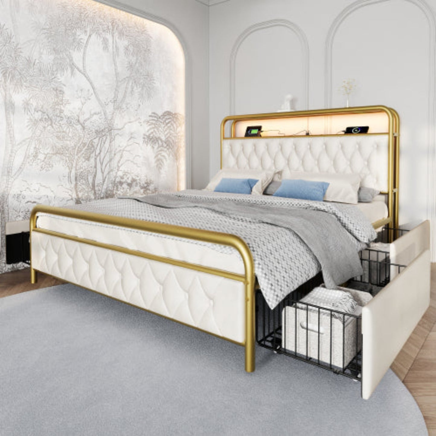 Double Upholstered Bed with USB Charging, APP-Controlled LED, Metal Frame, Velvet, 4 Drawers