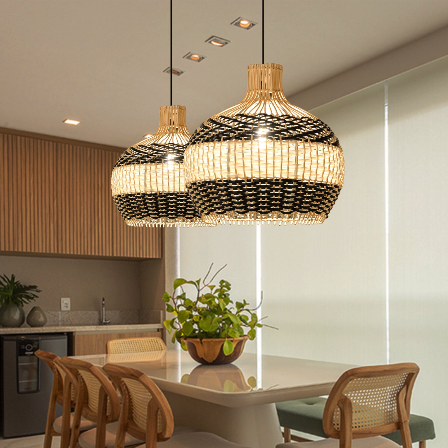 (M)Rattan Pendant Light Fixtures Geometric Single Rattan Ceiling Fixture with Adjustable Cord for for Kitchen Island