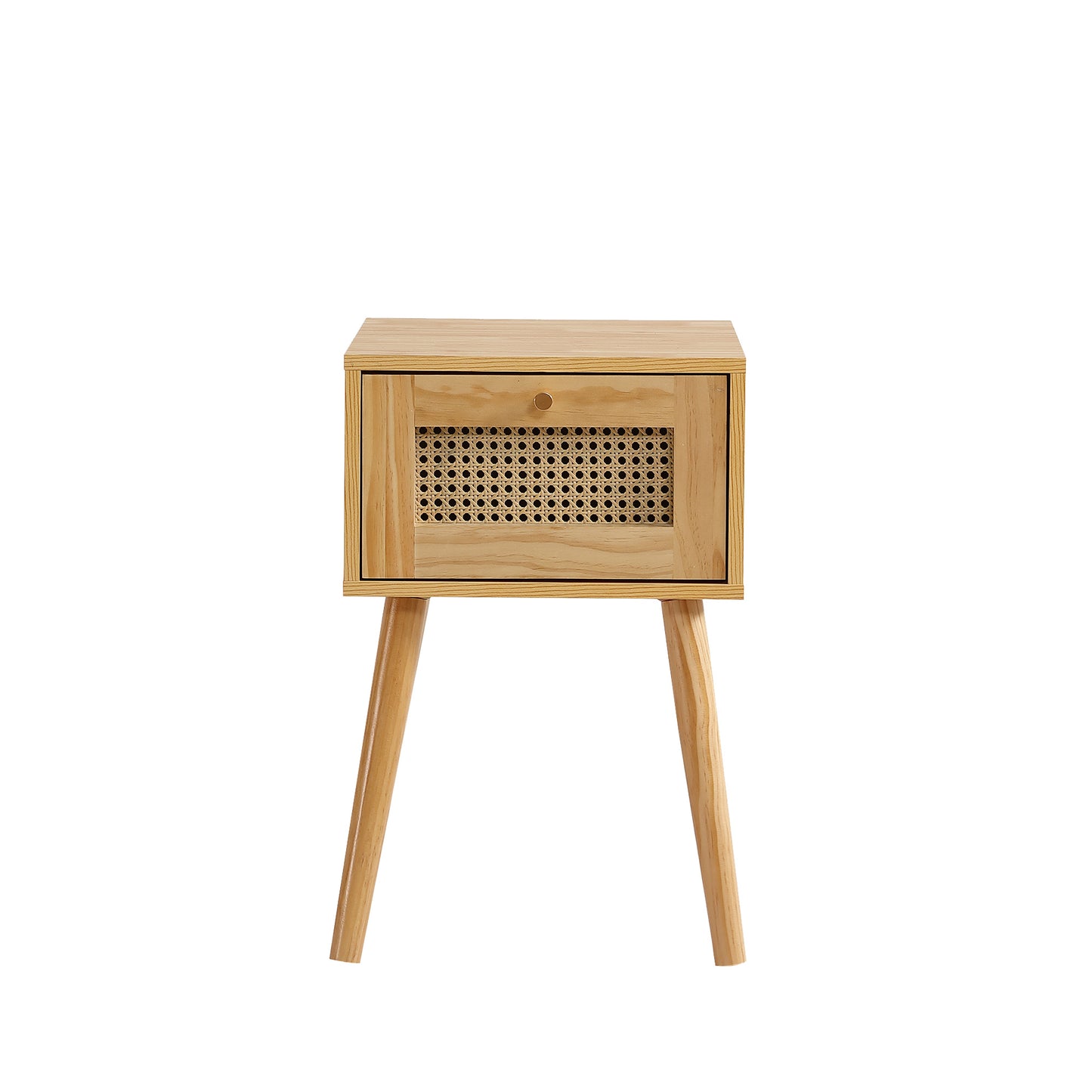 Natural Rattan 1-Drawer Bedside Table with Gold-Colored Metal Handle