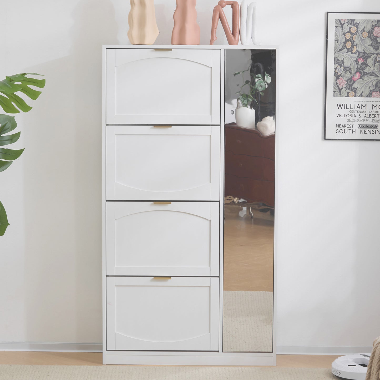 Modern White Shoe Cabinet with Mirror and Foldable Storage - Ideal for Hallway