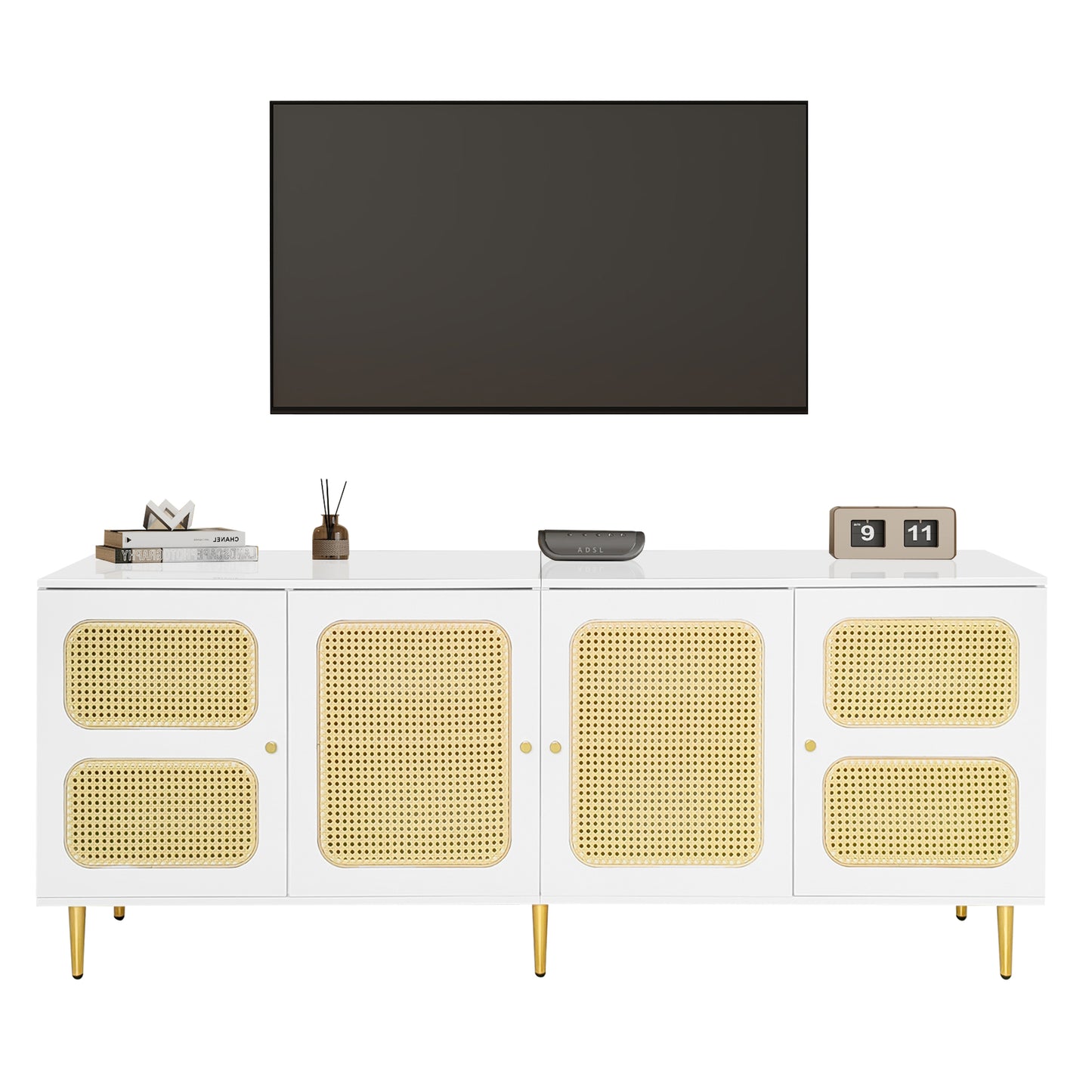 Elegant White Rattan TV Cabinet - 180x40x72 cm with Storage and Cable Management