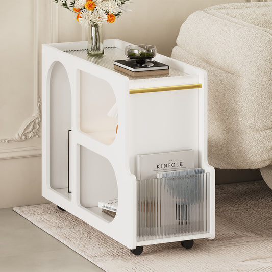 Elegant White Living Room Furniture Set - Lockable Side Table, Ribbed Glass Coffee Table, Golden Modern Bedside Table