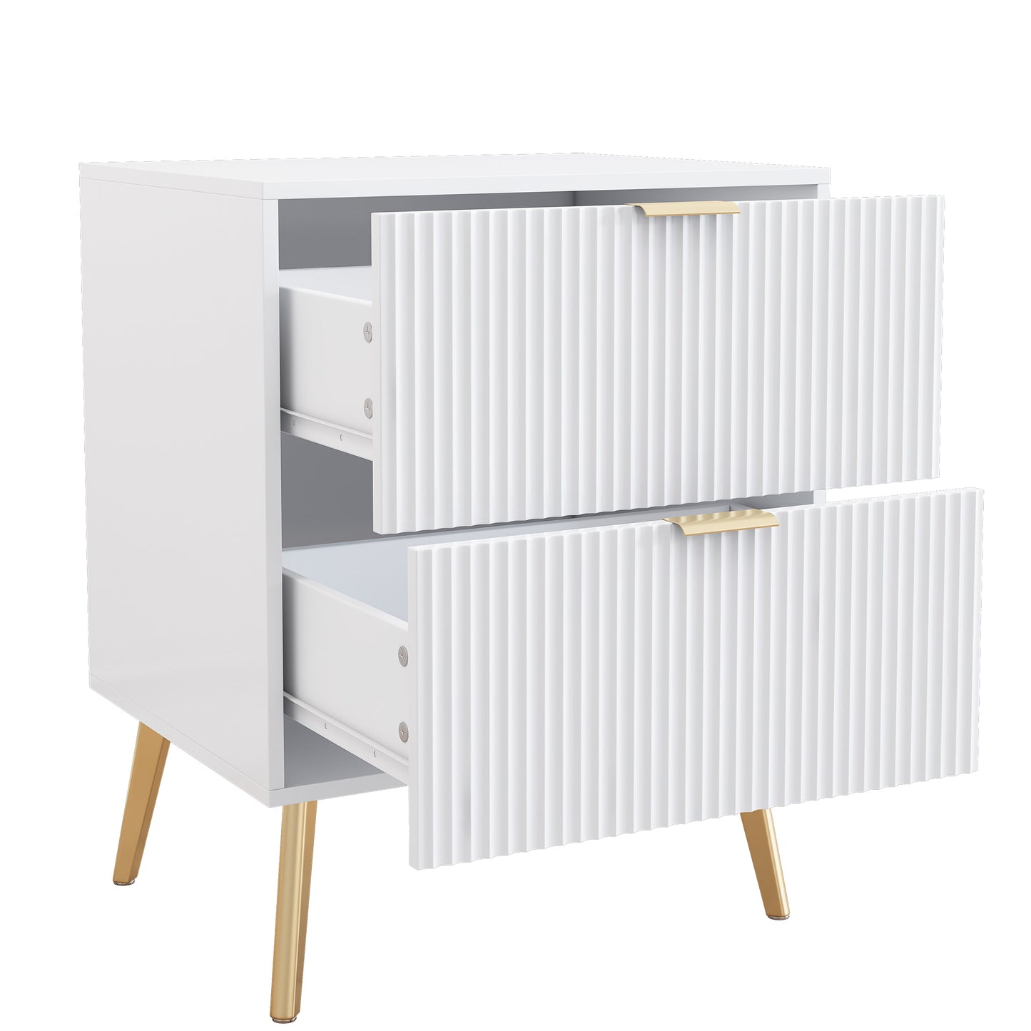 White Lacquered Double Drawer Bedside Table with Gold-Plated Feet and Knobs