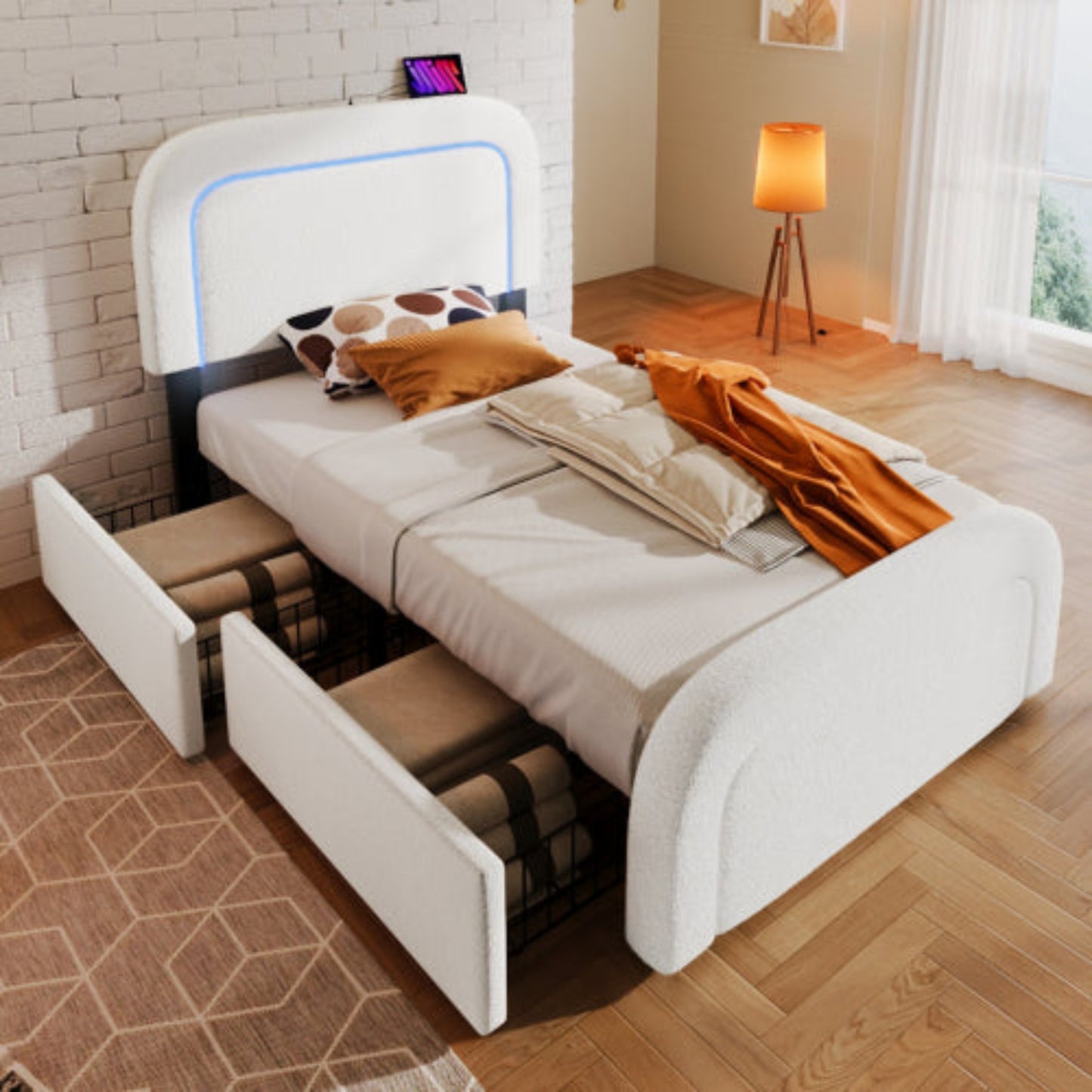 Sherp White Multifunctional Bed Frame-USB-C, LED Lights, Adjustable Headboard, Drawers