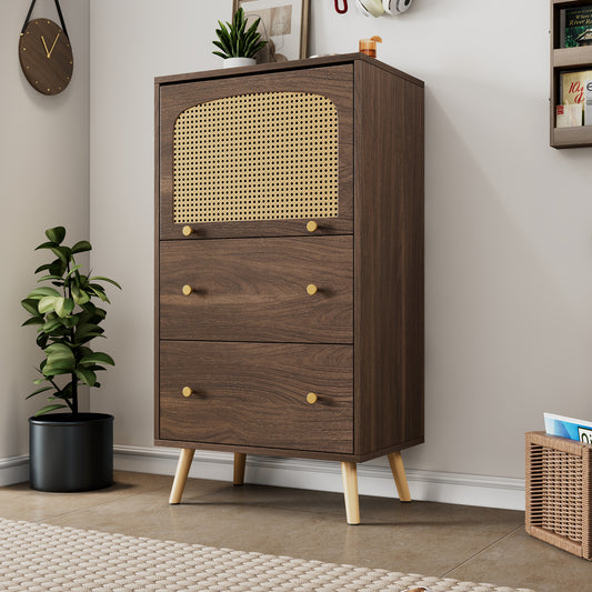 Rattan-Detail Walnut Cabinet - Modern Storage with Sliding Door- Gold Legs