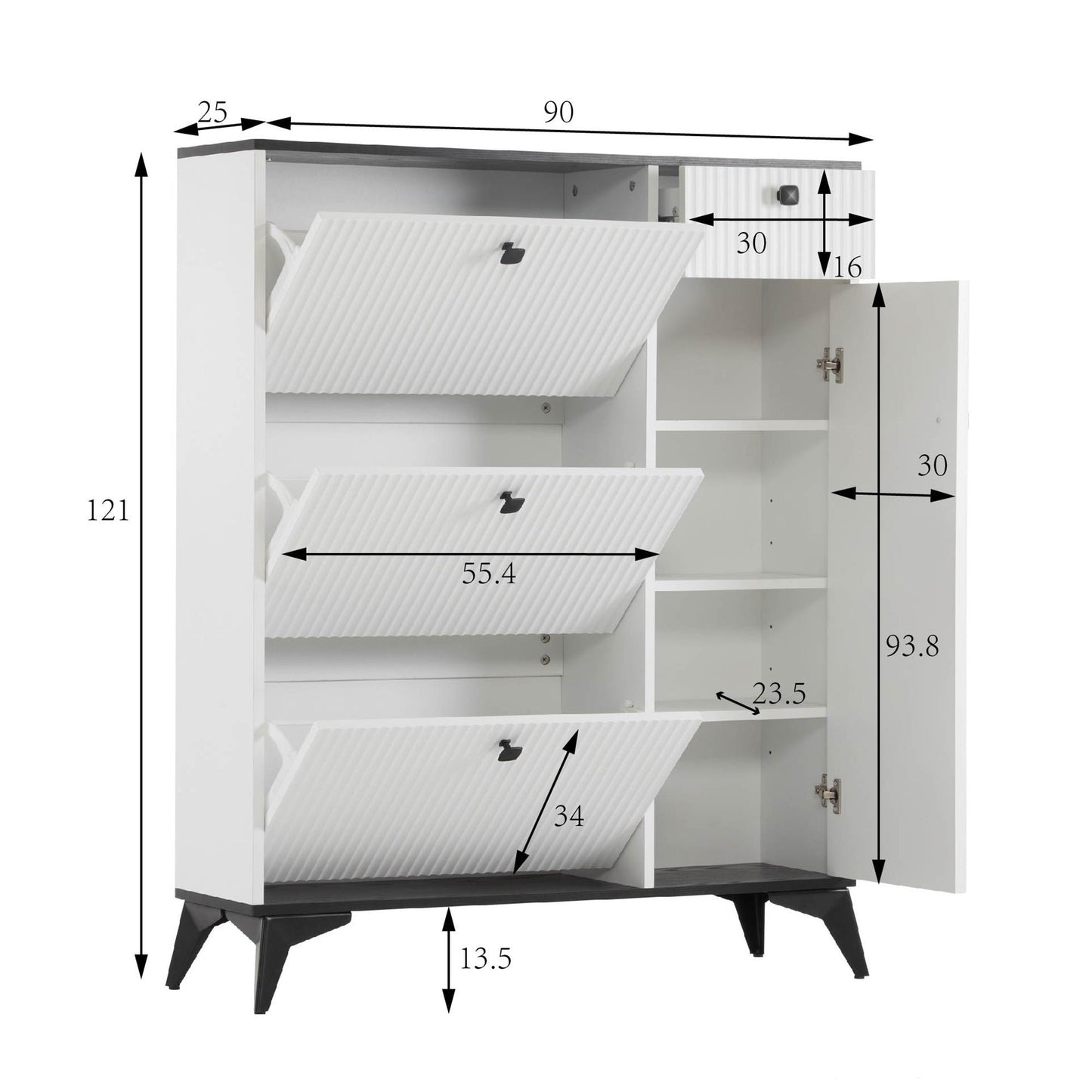 White Narrow Shoe Cabinet with 3 Flaps, 1 Drawer, and 1 Door