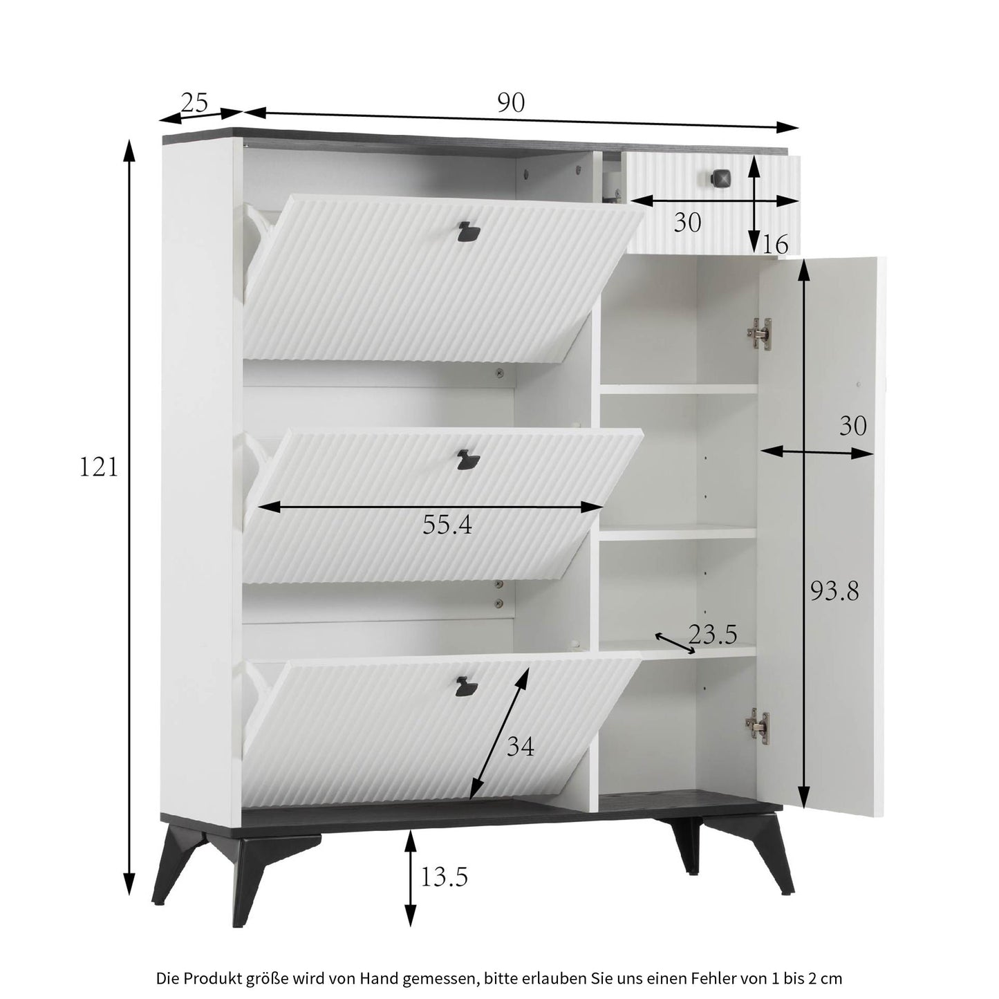 White Narrow Shoe Cabinet with 3 Flaps, 1 Drawer, and 1 Door