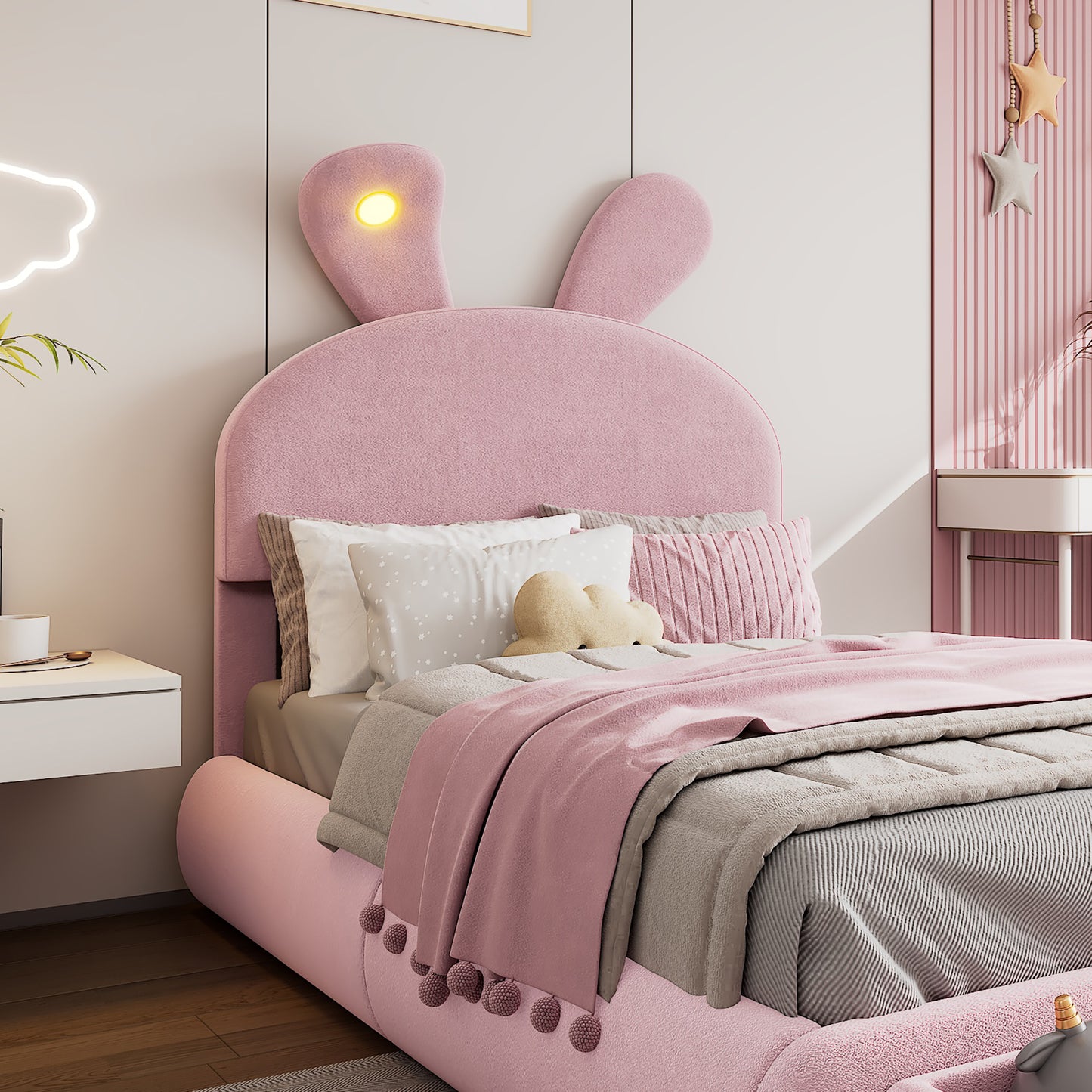 (Z)Upholstered bed Single bed Bunny Ears With Adjustable Brightness Warm-Coloured Light Strips With Two Storage Stools Children's Bed With Wooden Slats Velvet Pink 90x200CM