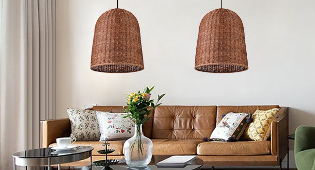 （Q)Hand Woven Brown Rattan Pendant Light, Vintage Style Rattan Basket Rattan Woven Pendant Light, Suitable For Dining And Living Rooms