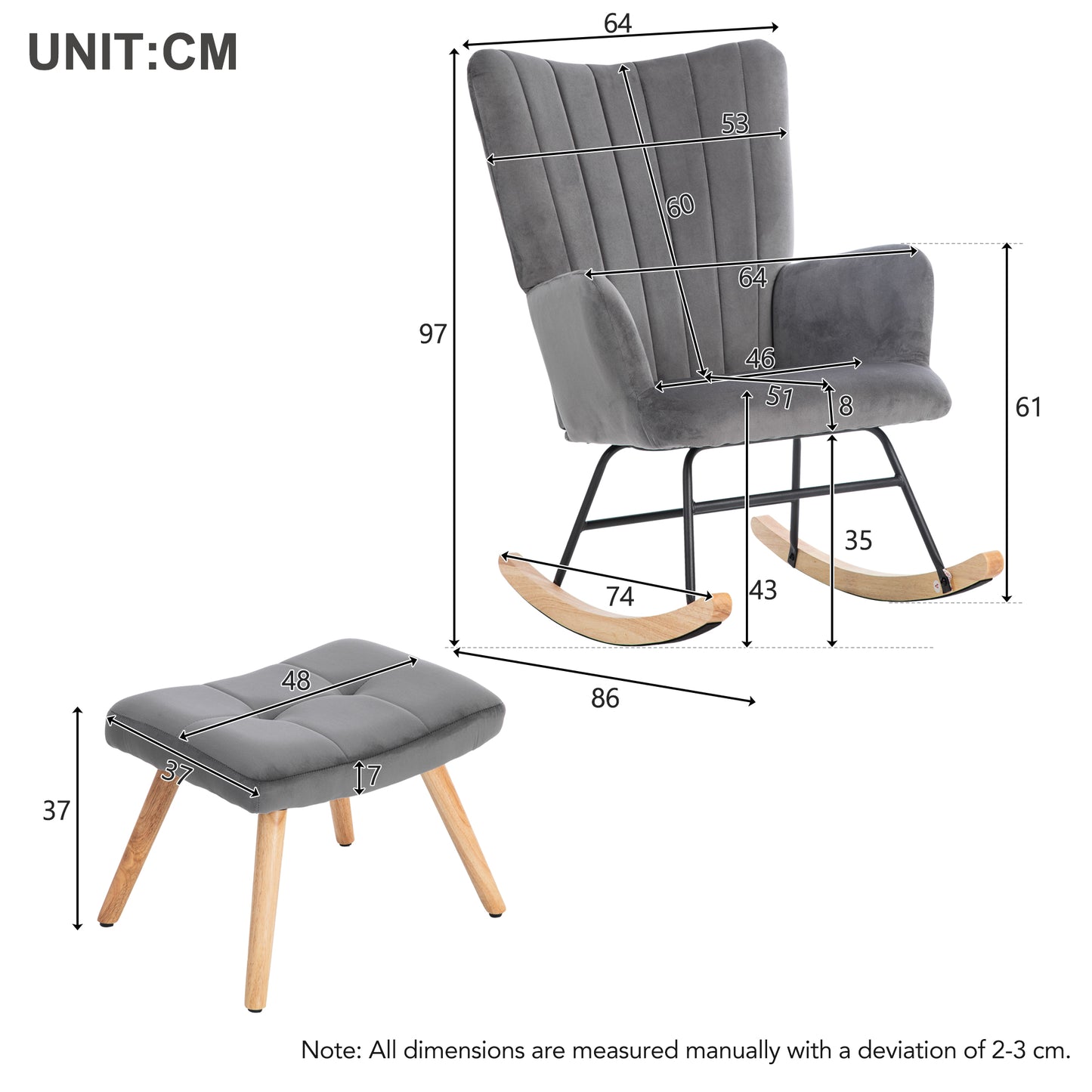 Ergonomic Grey Rocking Chair with Footstool - 97 cm High, 48 cm Seat