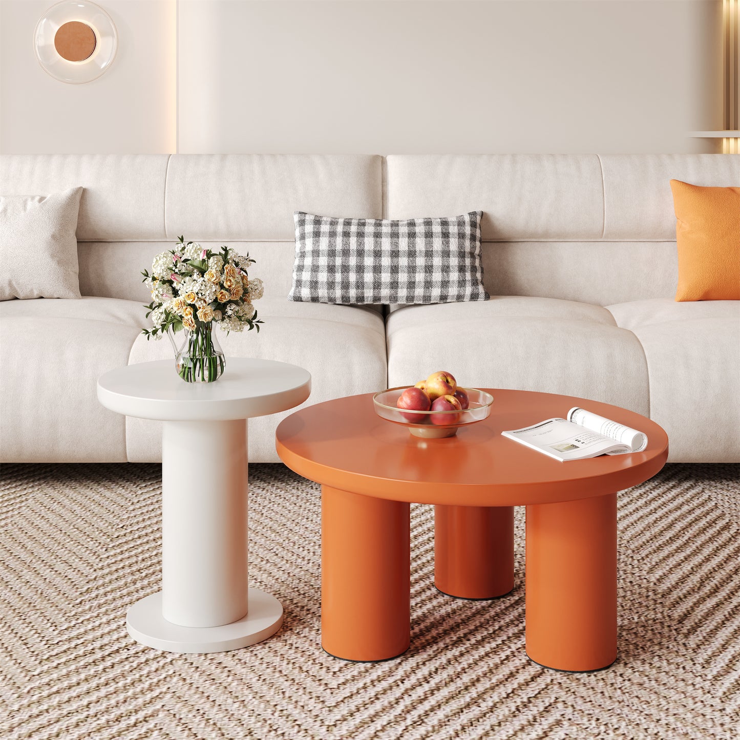 Stylish Round Coffee Table Set-White,Orange with Cream Accents