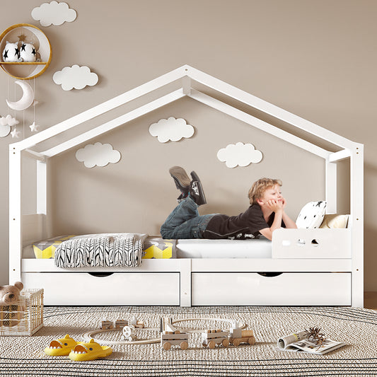 90x200cm White Pine Children's Bed with Double Drawers & Fall Protection