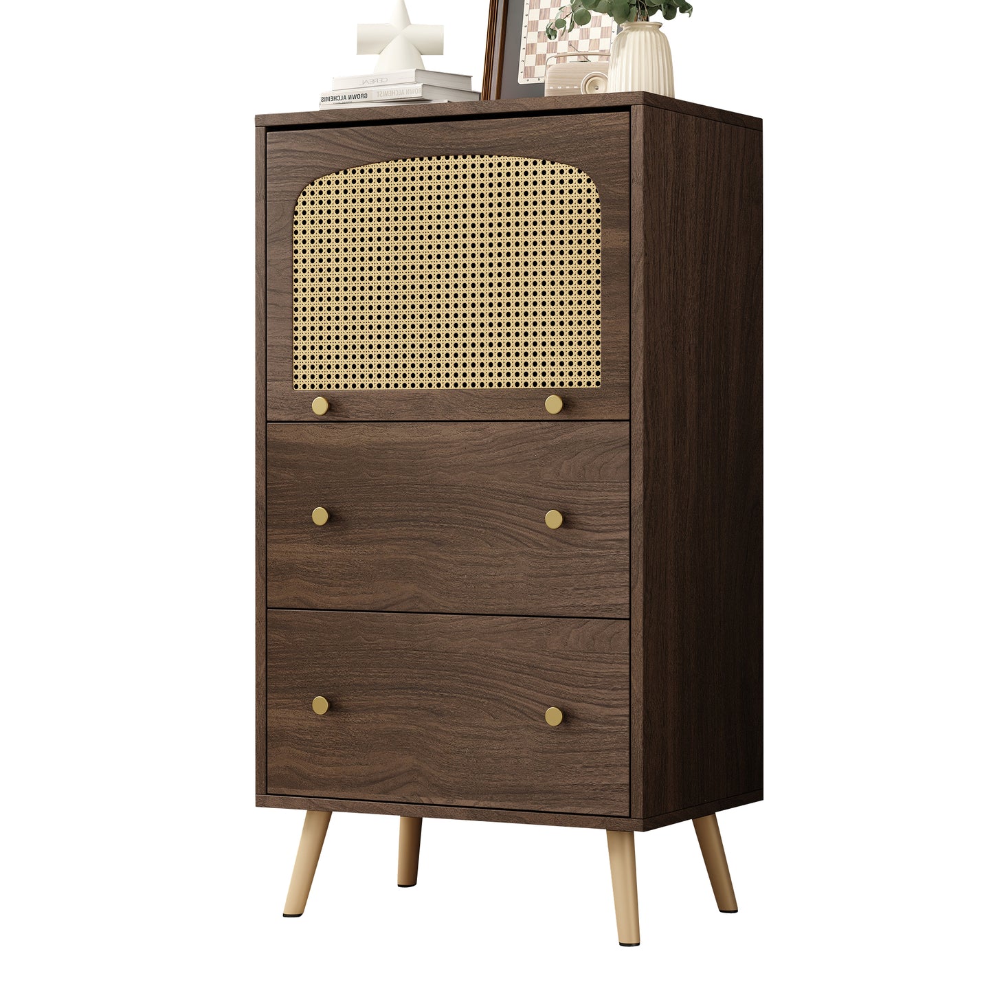 Rattan-Detail Walnut Cabinet - Modern Storage with Sliding Door- Gold Legs