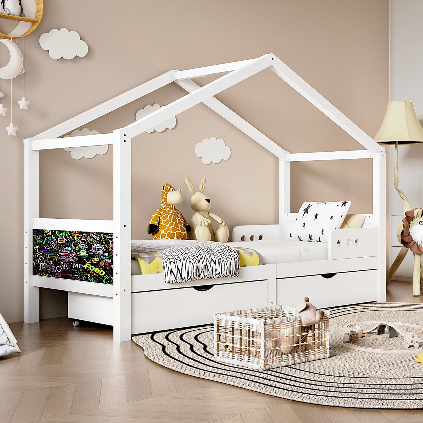90x200cm White Pine Children's Bed with Double Drawers & Fall Protection