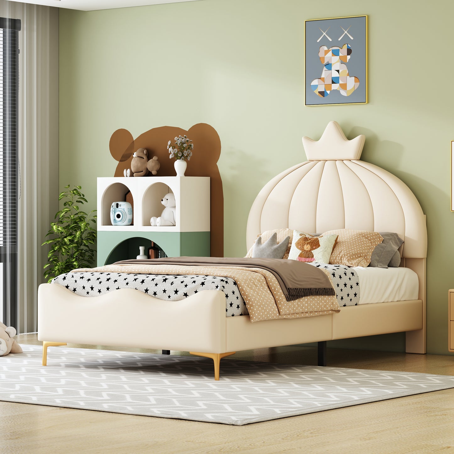 Cartoon 90x200cm Upholstered Children's Bed with Faux Leather and Metal Feet