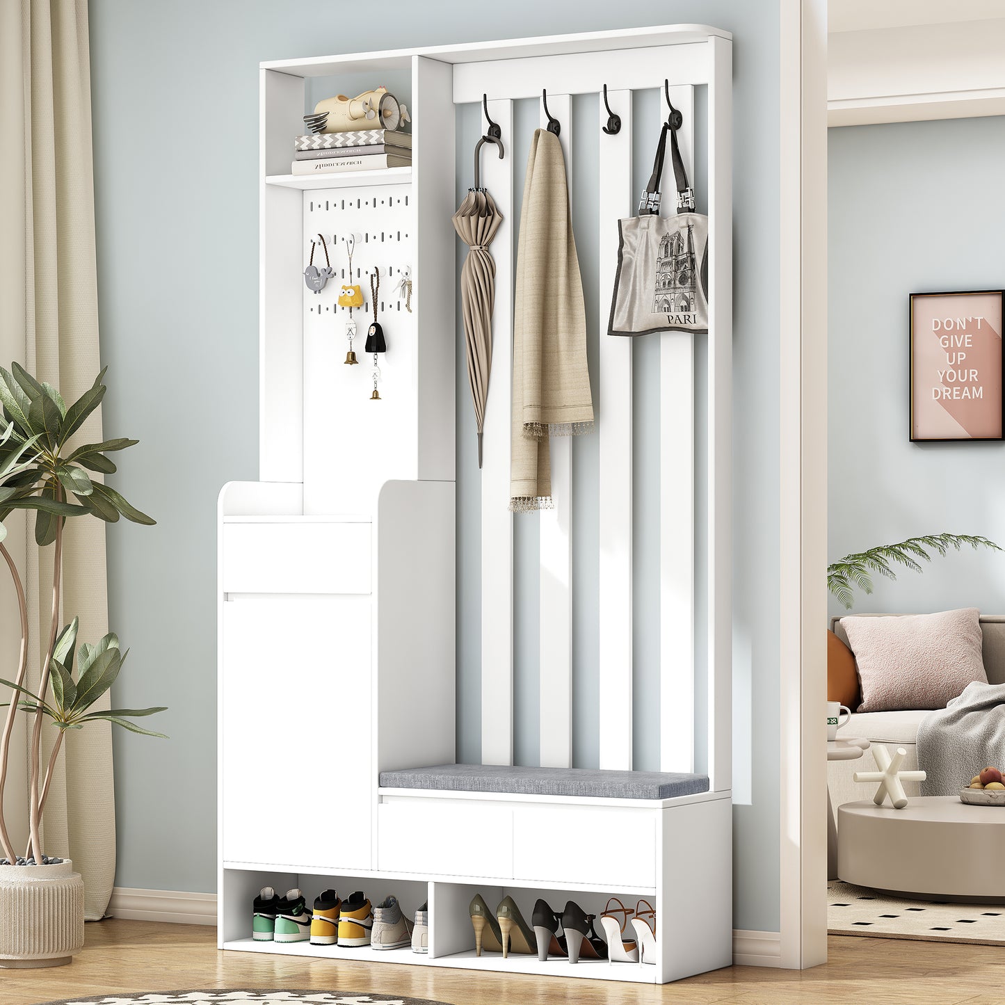 Modern White Hallway Furniture Set - Coat Rack, Shoe Cabinet, Padded Bench