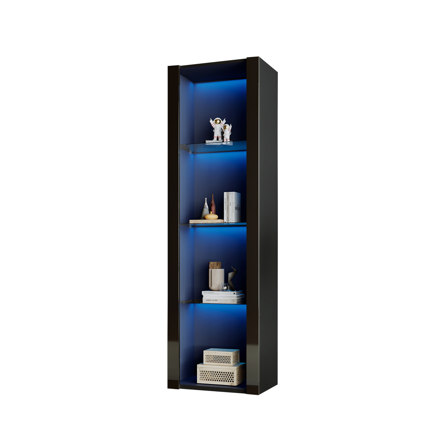 55x38x166cm High-Gloss Display Cabinet with LED Lighting and 3 Glass Shelves