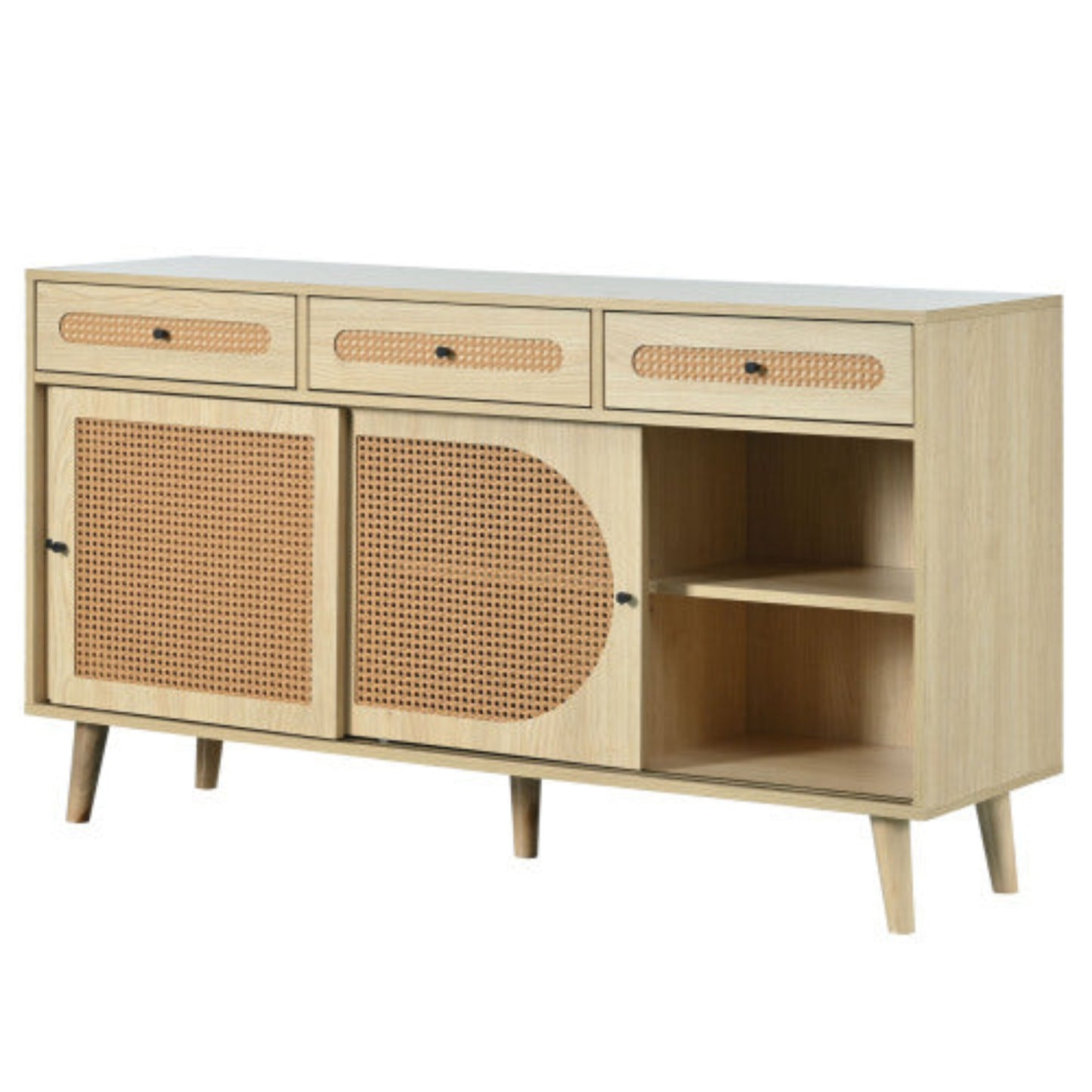 140cm Wooden Sideboard,PE Rattan Doors, Adjustable Shelves, 3 Drawers, Sliding Doors