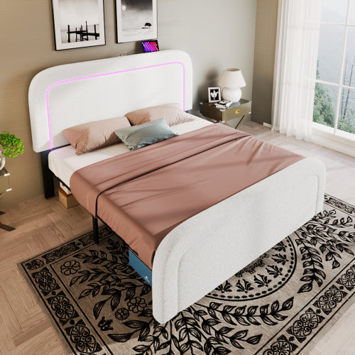 Sherp White Double Bed Frame-USB-C, LED, Adjustable Headboard, Storage