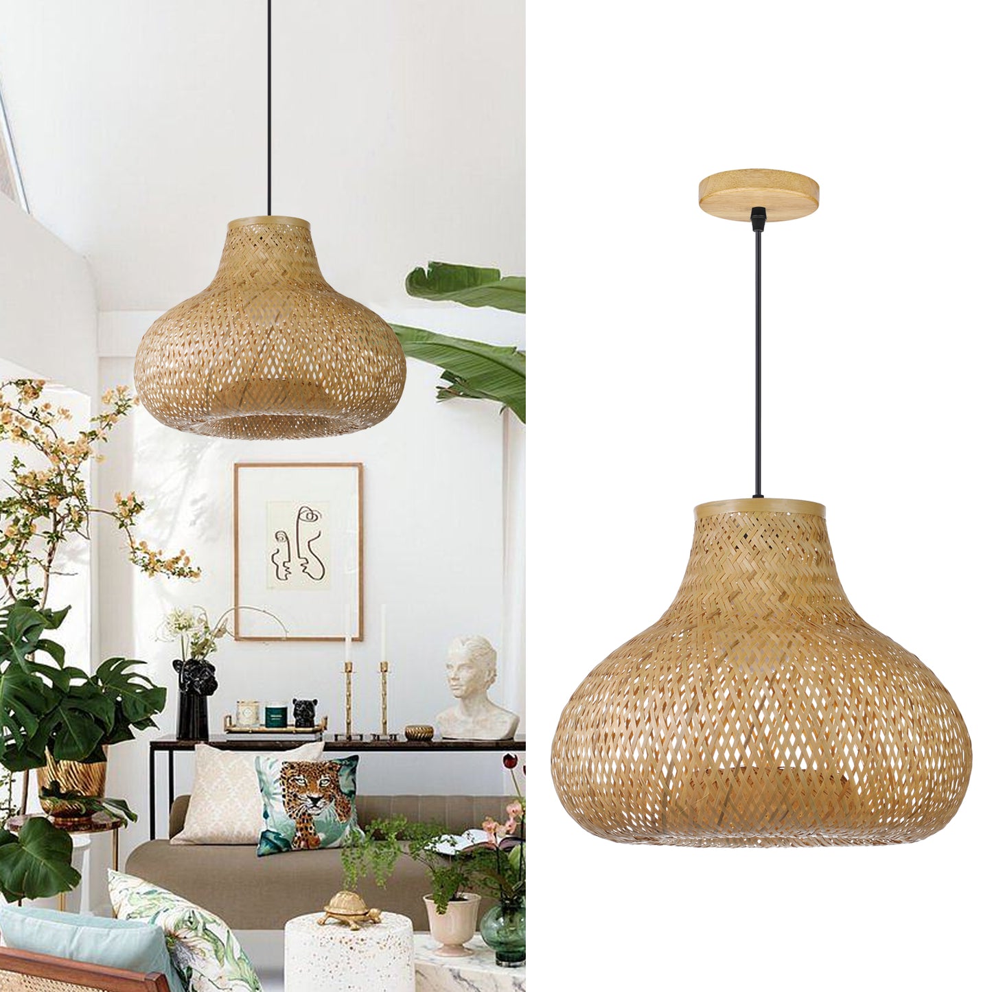 (Q)15.75 Inch Hand Woven Rattan Pendant Light, Bohemian Style Rattan Pendant Light, Suitable for Dining Rooms, Kitchens, Islands, Living Rooms